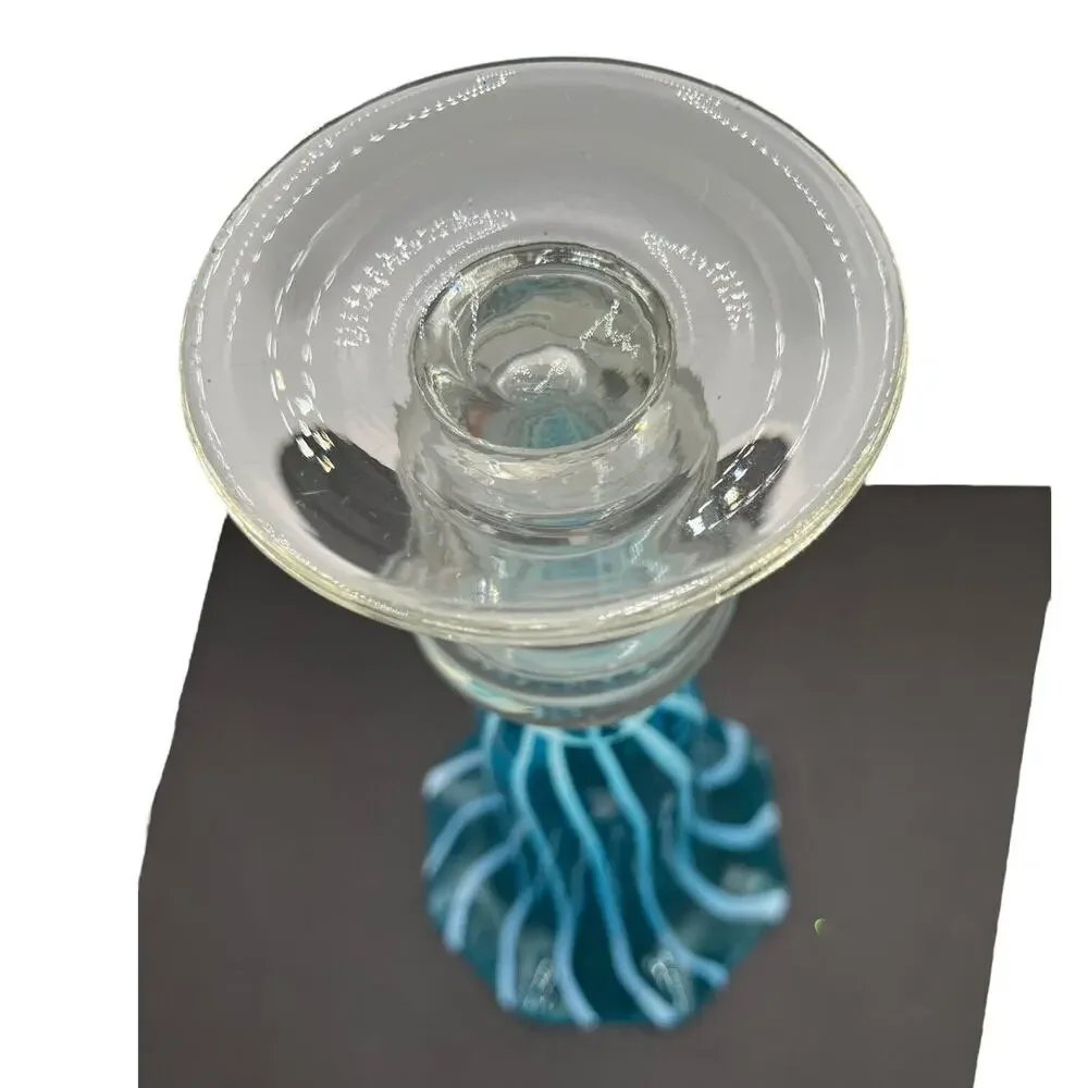Vtg 14'' Blue Hand Blown Glass Vase Spiral Ice Blue Ruffled Top Clear‎ Base EUC
